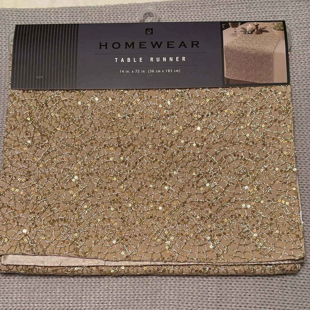 NWT Homewear Gold Sequin Embroidered Table Runner 14x72